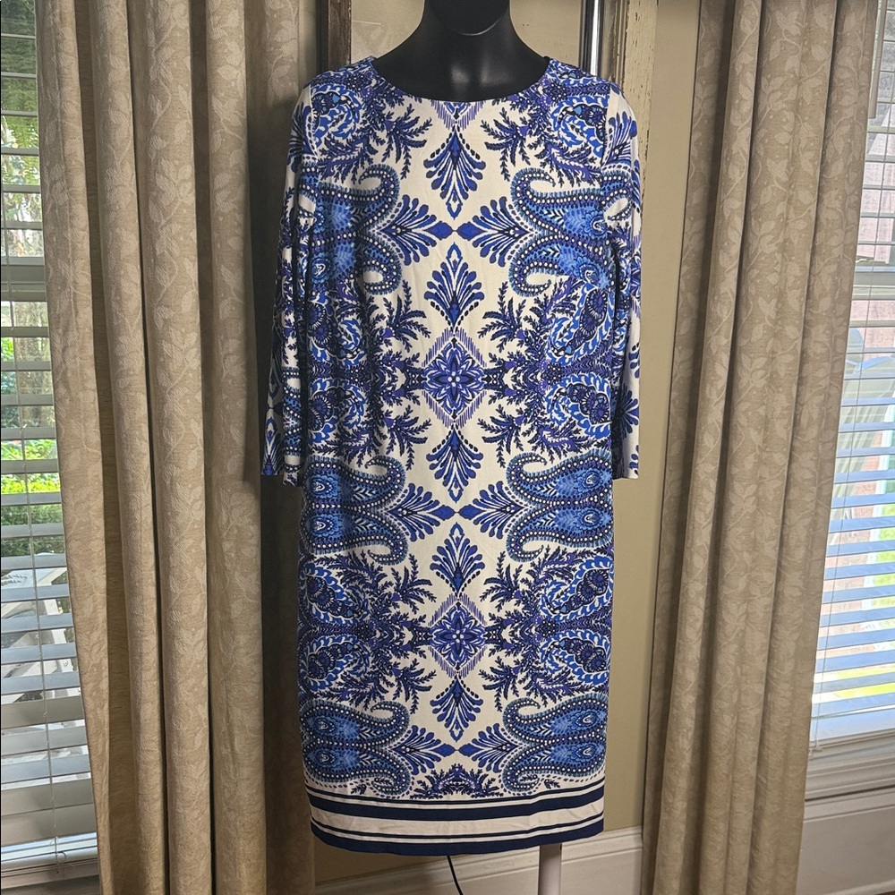 Chicos Elegant Blue and White Patterned Dress